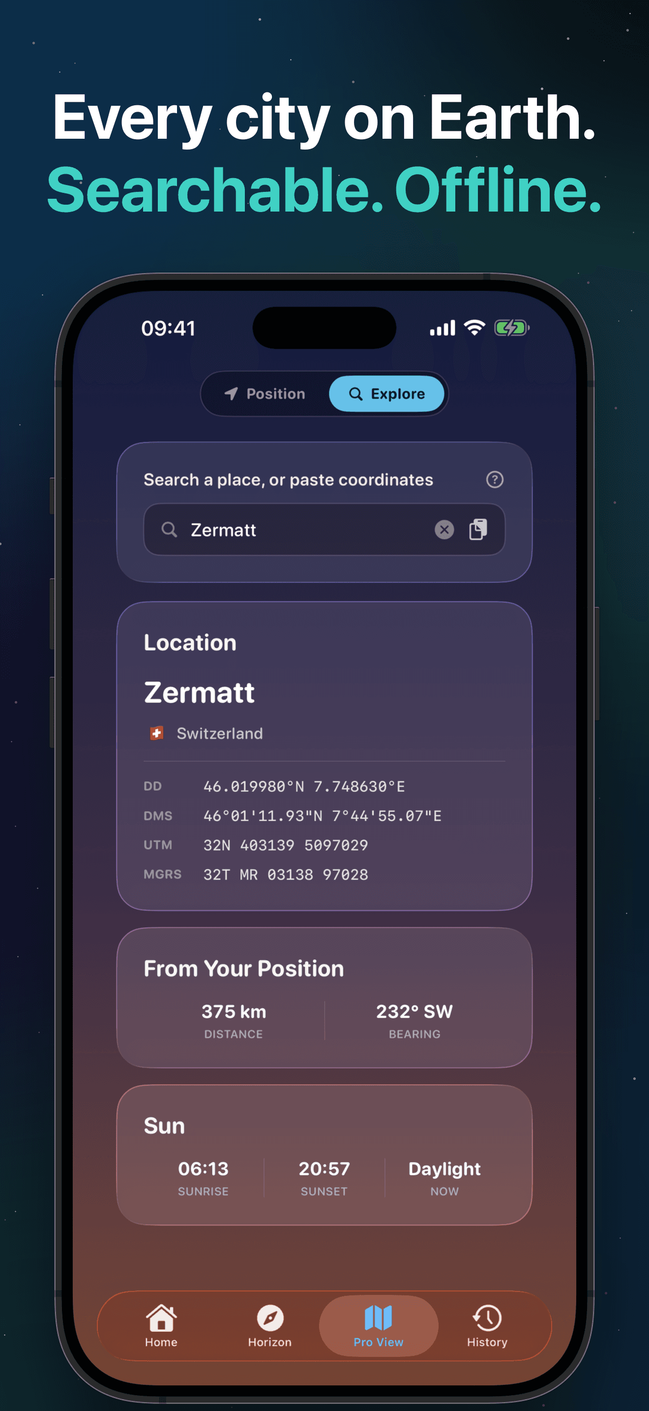 SkyLocation Anywhere Lookup — searching Zermatt, Switzerland, fully offline