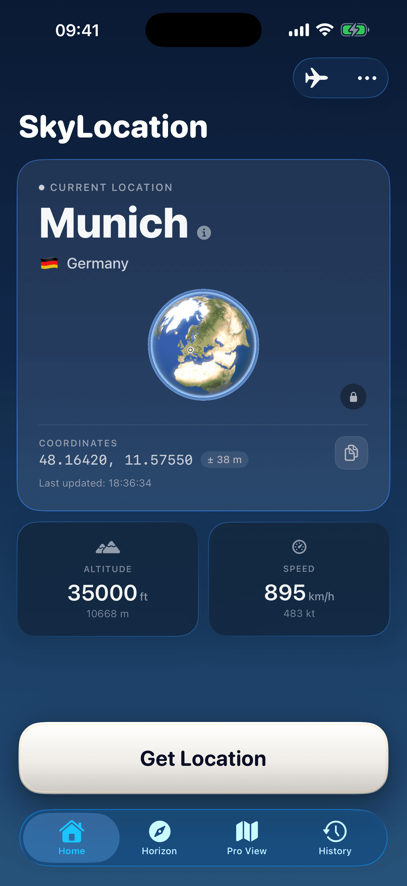 SkyLocation on iPhone showing Munich, coordinates, altitude, and speed during a flight