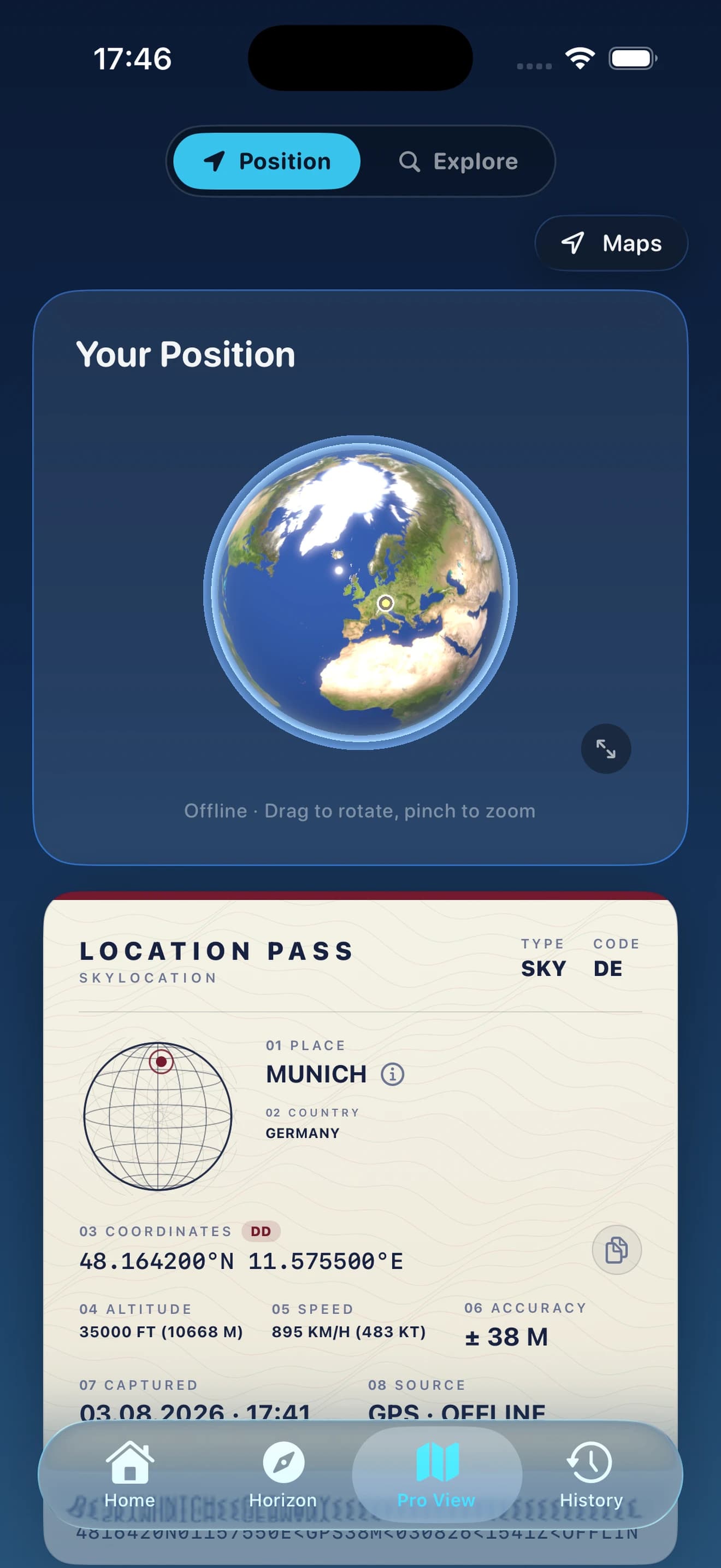SkyLocation Pro View on iPhone with 3D globe and Location Pass