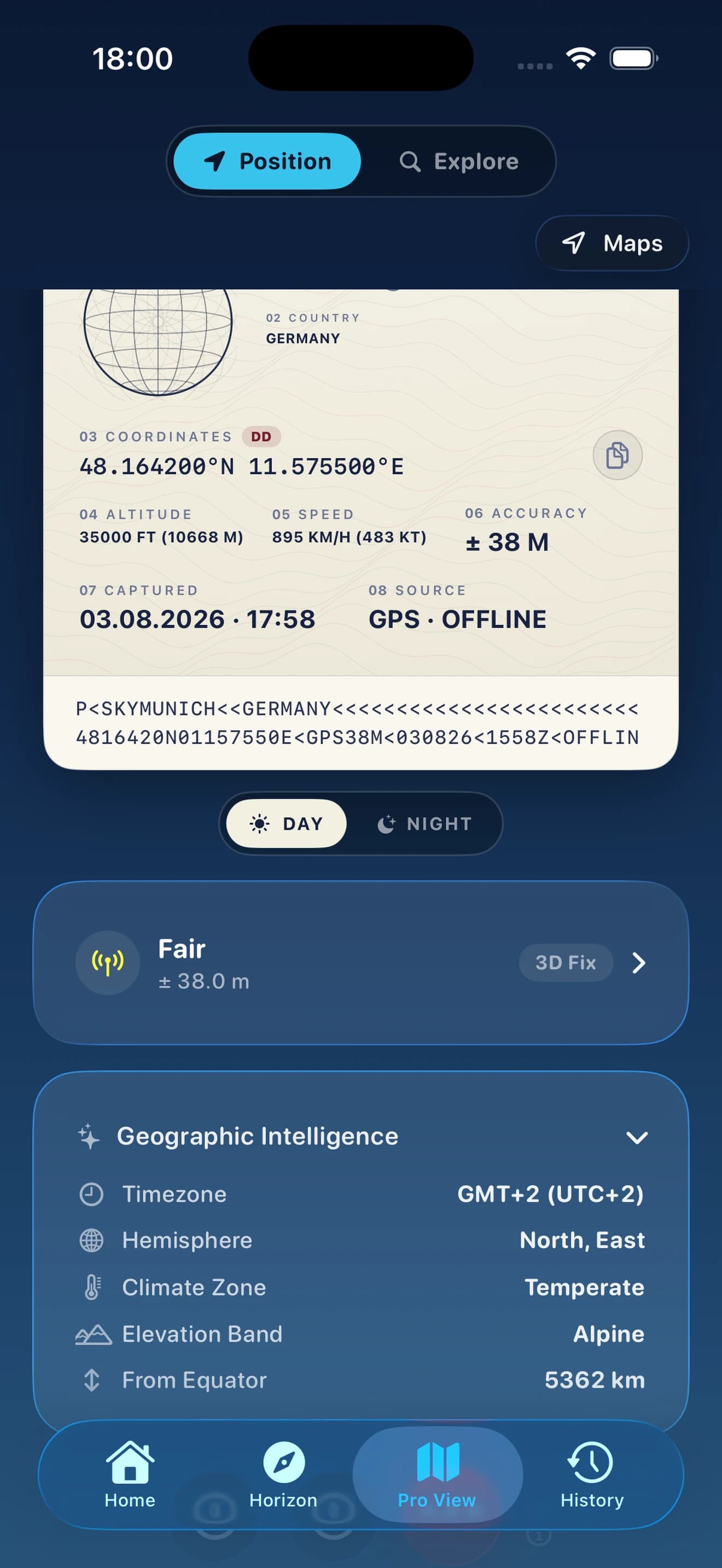 SkyLocation Geographic Intelligence on iPhone with timezone, hemisphere, climate, and elevation