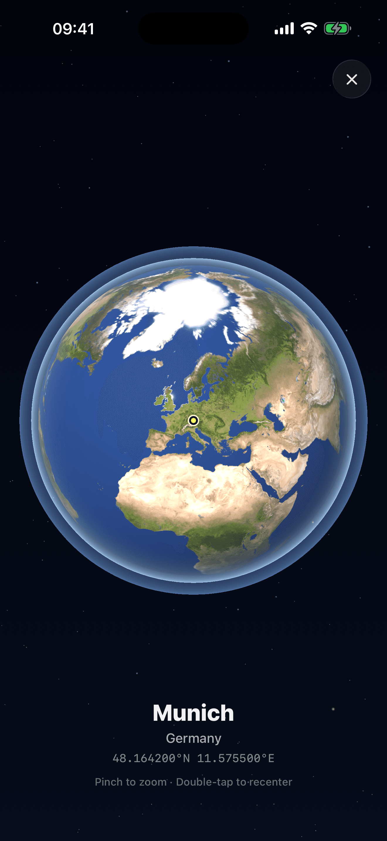 SkyLocation on iPhone with 3D Globe Explorer, from orbit down to Munich